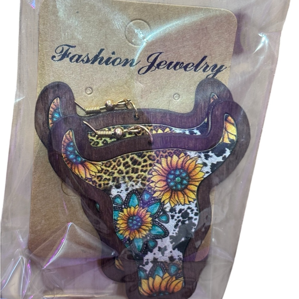 Fashion Jewelry Western boho Cow print  Earrings - Sunflower Blue and yellow - Picture 12 of 12